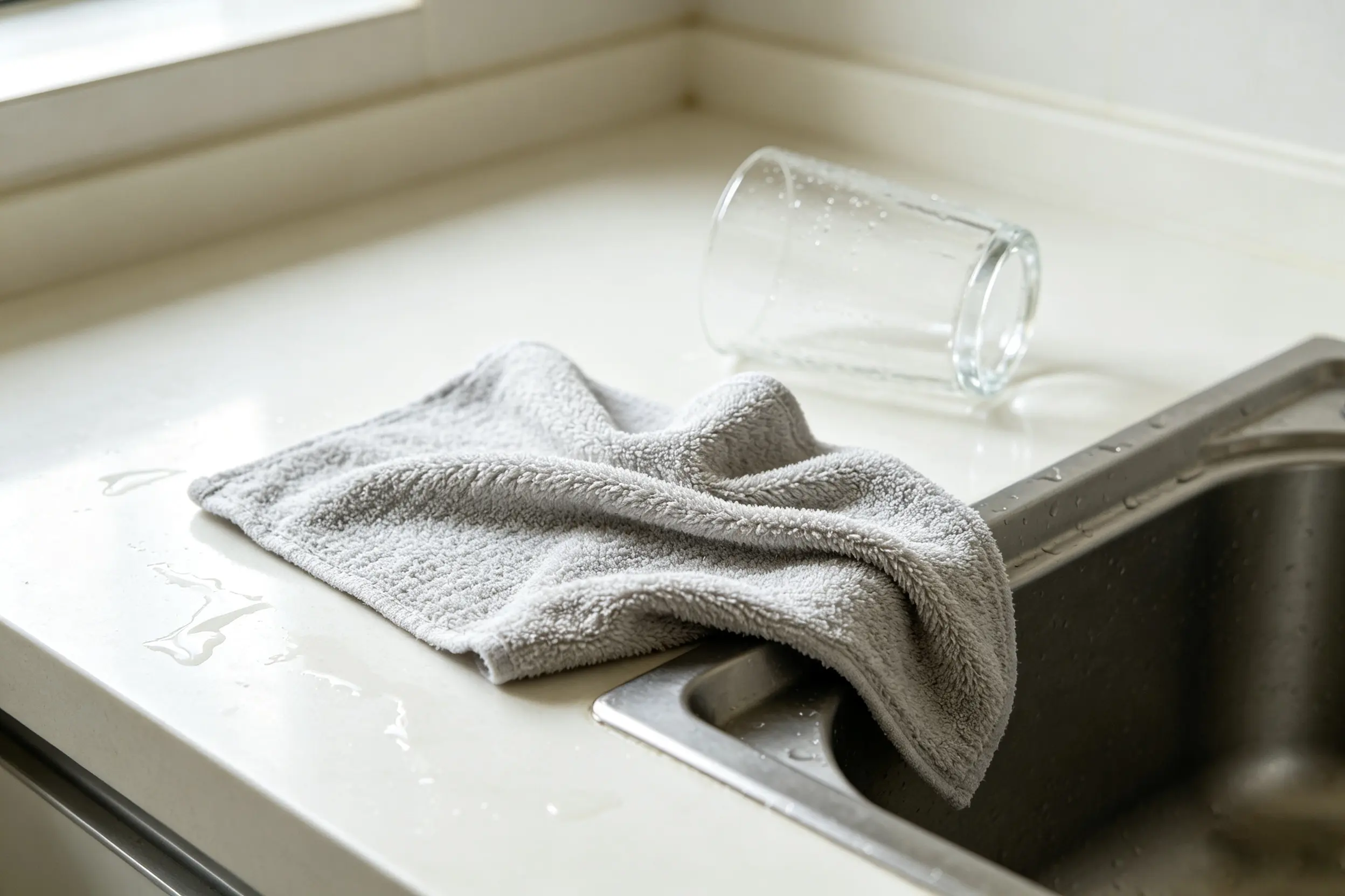 A single microfiber towel used for multiple cleaning tasks in a home